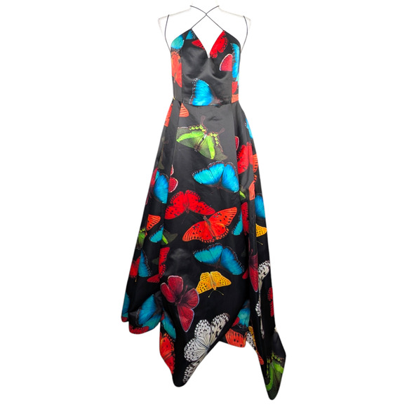 Alice + Olivia Butterfly Print Ball Gown Dress Bubble Hem Open Back Size 10 - Picture 2 of 13